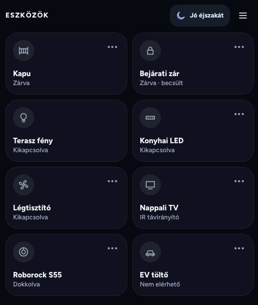 Saját okosotthonunk mobilnézete: kapu, bejárati zár, világítás, légtisztító és robotporszívó vezérlése.